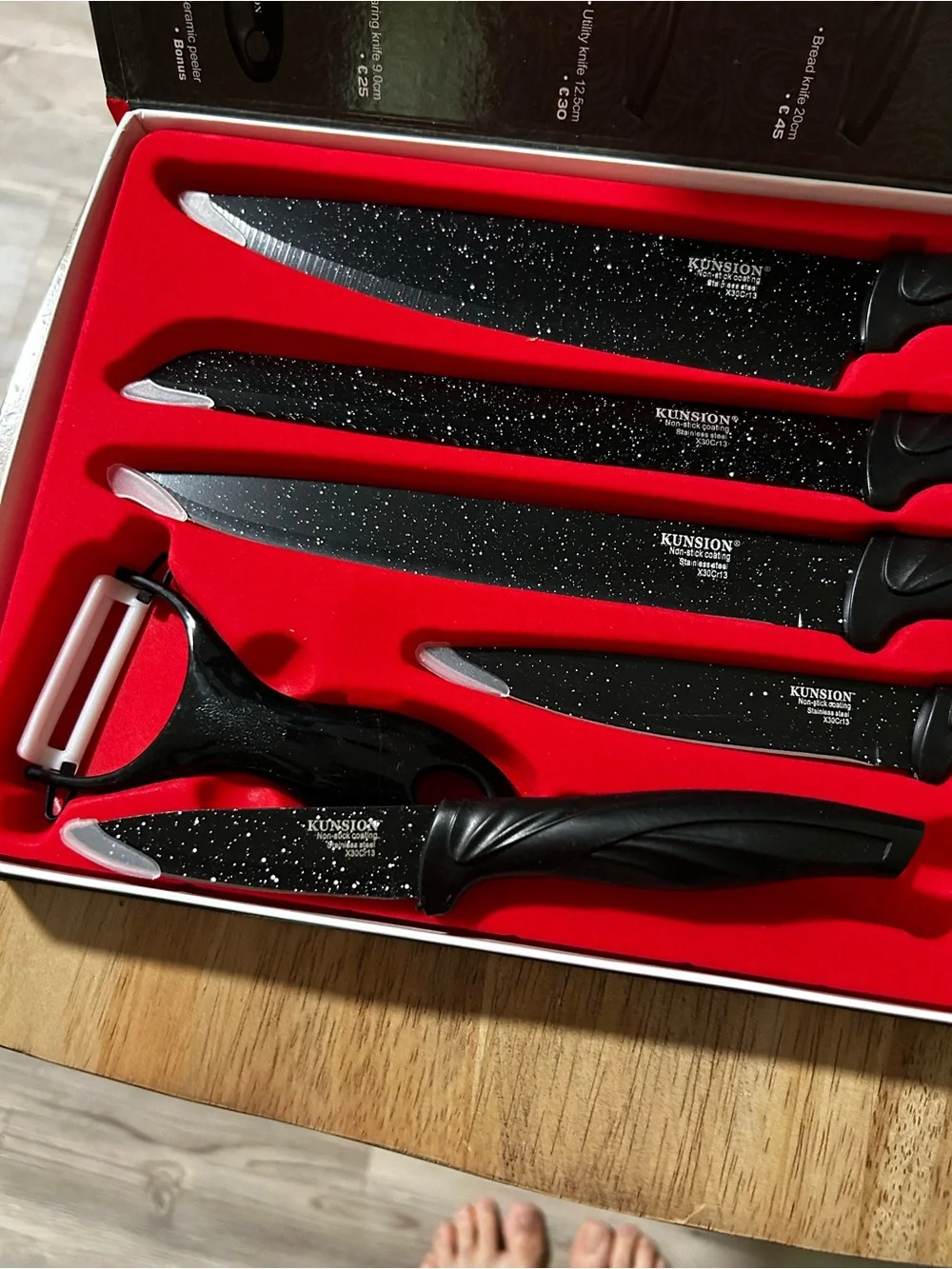 KUNSION 6-Piece Kitchen Knife Set Marble Coated Black Knives + Peeler
